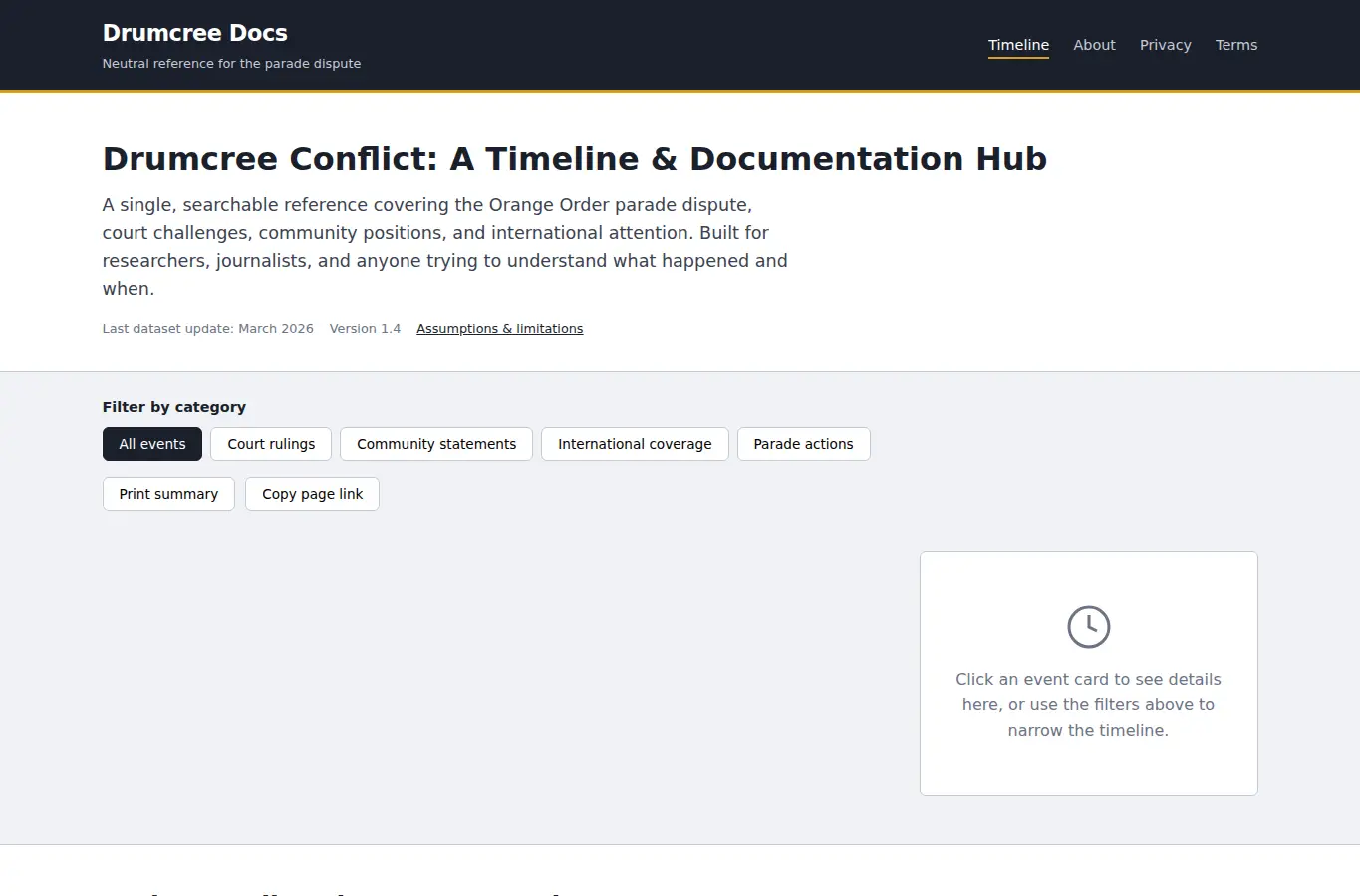 Screenshot of Drumcree Conflict Documentation Hub interface showing the project page in use